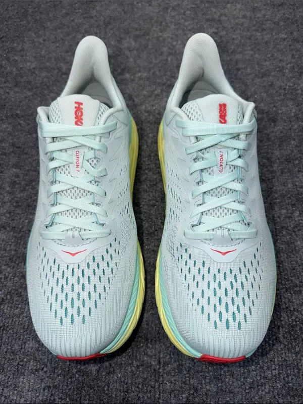 Hoka Clifton 7 running shoes in the Morning Mist and Hot Coral colorway size 10D - Image 2
