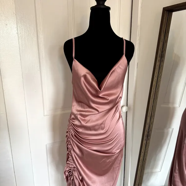 Satin Silky Dusty Rose Midi Dress with Side Ruching Women's Size Medium - Image 4