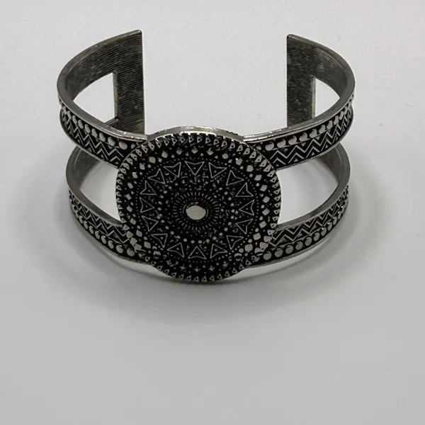 Boho Geometric Wide Cuff‎ Bracelet Adjustable Abstract Silver Tone Hippie Chic - Image 2