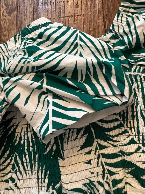 Milly Peplum Top Womens Large‎ Green White Palm Leaf Puff Sleeve Smocked - Image 5