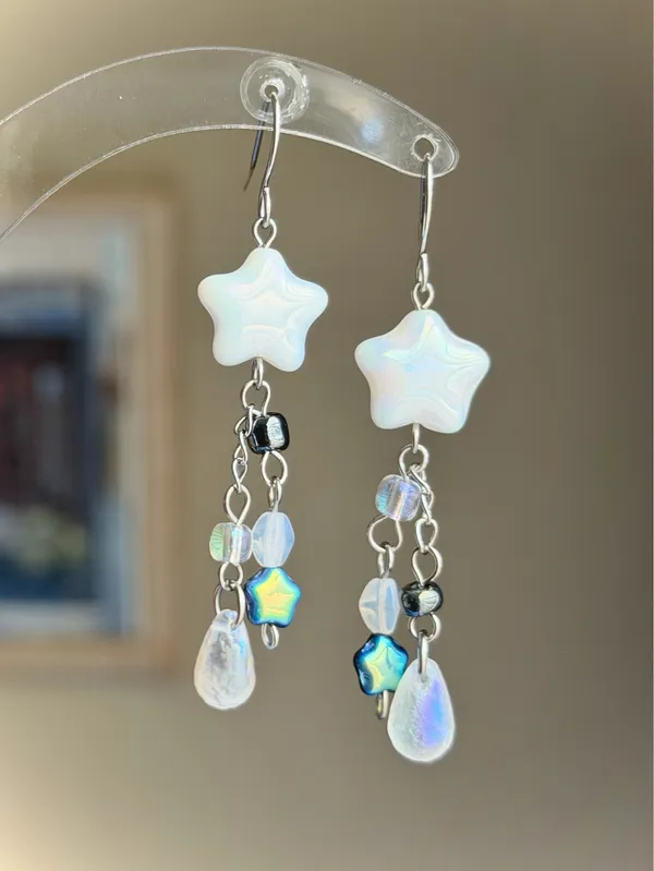 Handmade Czech glass beads fairy cottage whimsical dangle earrings🌟🩵 - Image 2