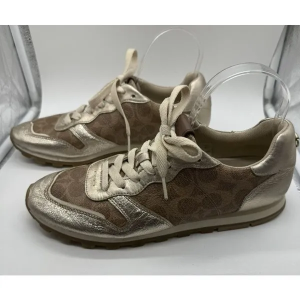 Coach C118‎ Runner Womens Size 8.5 Gold Brown Monogram Metallic Lace Up Sneakers - Image 6