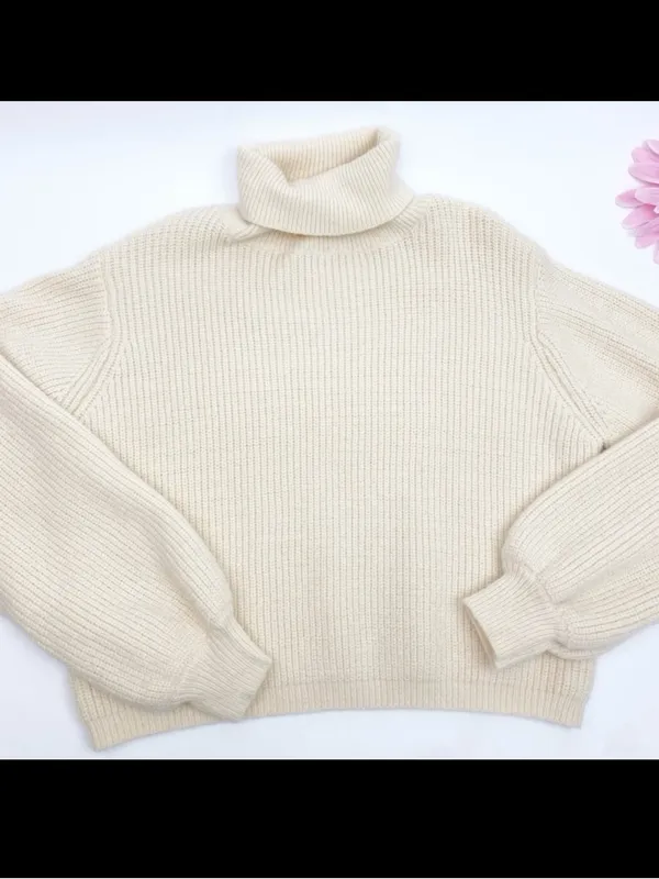 Petal + Pup Freddie Ribbed Knit Balloon Sleeve Turtleneck Sweater Ivory Cream - Image 2