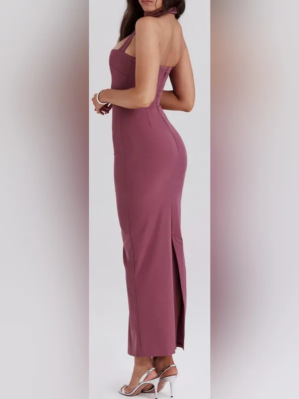 NEW HOUSE OF CB Mia Mulberry Twill Halter Maxi Dress sz XS - Image 4