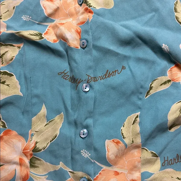 Harley Davidson Motorcycles Hawaiian Flower Button Up Silk Shirt - Image 3