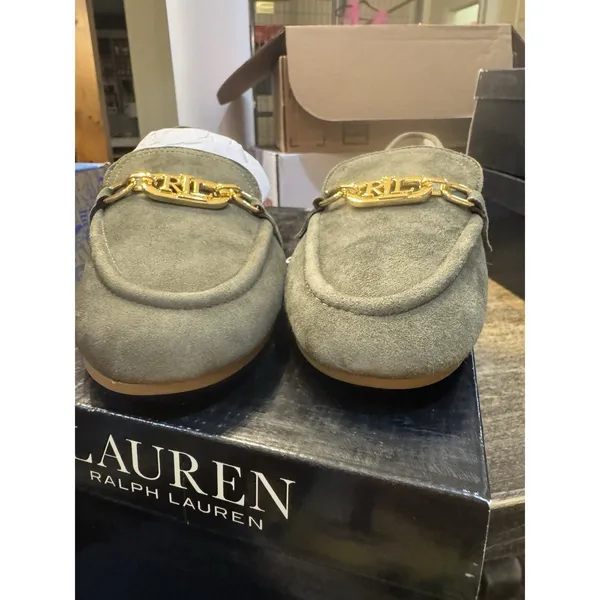 Lauren Ralph Lauren Averi Suede Slip On Loafers Size 5 Classic‎ Olive Monogram - Image 9