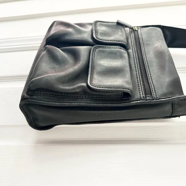 Fossil Vintage Black Leather 75082 Multi Pocket Top Zip Shoulder Bag Key Fob - Image 5