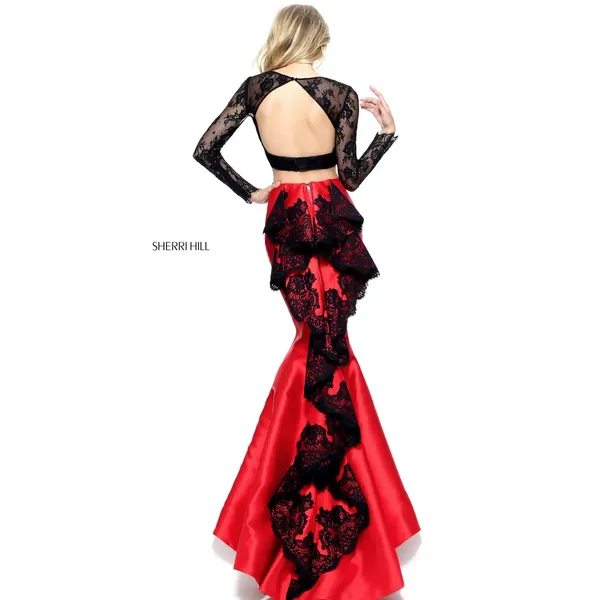 NWT‎ Sherri Hill 51169 Black Red Mermaid Lace Two Piece Gown Size 6 Prom Pageant - Image 2