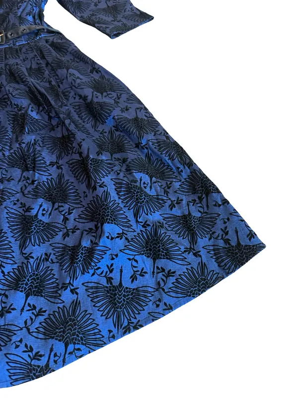 Voodoo Vixen Blue Black Bird Print Belted Fit Flare Midi Dress Medium Women's - Image 6
