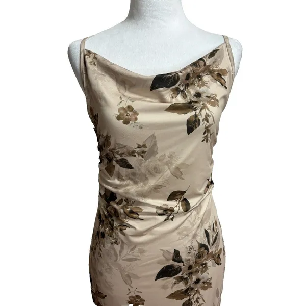Beige Floral‎ Satin Maxi Long Slip Dress Y2K Vtg-look Evening Glam Romantic Sz 6 - Image 2