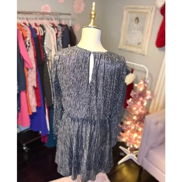 White‎ House Black Market Silver thread Long Sleeve Mini Dress XS sheer style - Image 2