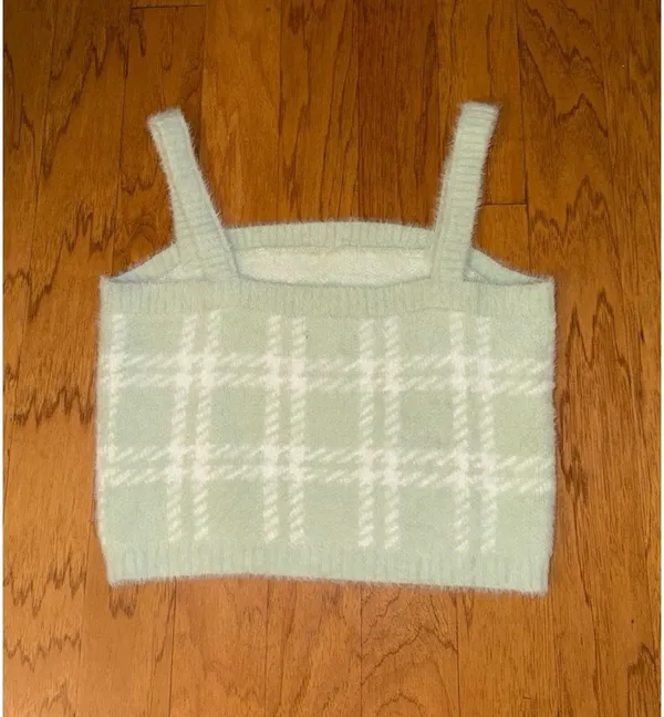 New PacSun Kendall & Kylie Light Mint Green + White Plaid Soft Cropped Top L - Image 11