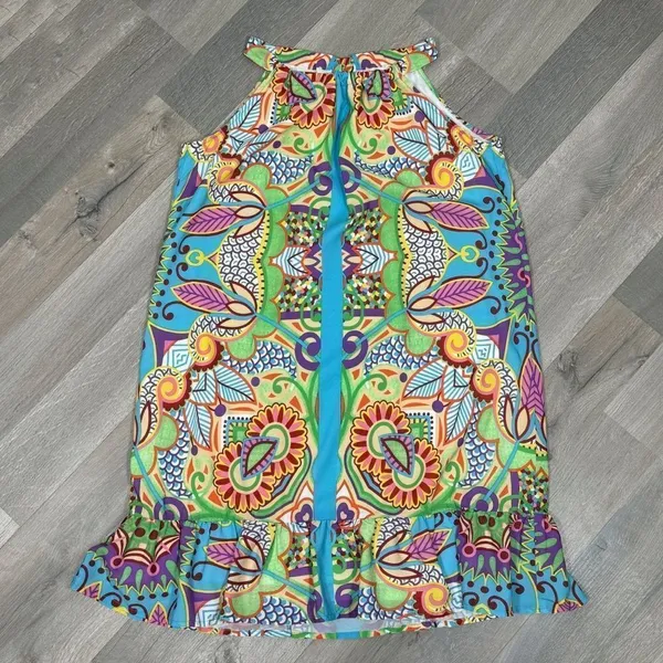 Jade‎ Melody Tam Multi Floral Print Ruffle Hem Tunic Halter Dress Medium - Image 11