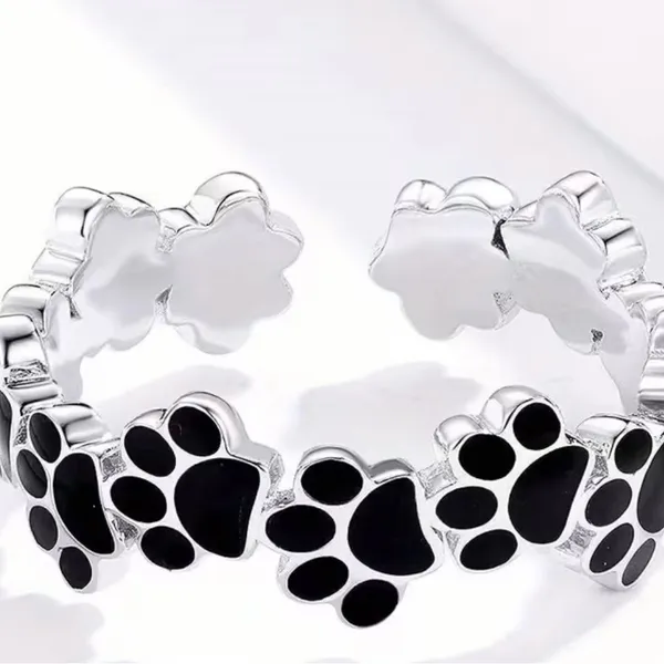 Paw Print Stainless Steel Silver and Black Paw Print Adjustable Ring Size 6-9 - Image 2