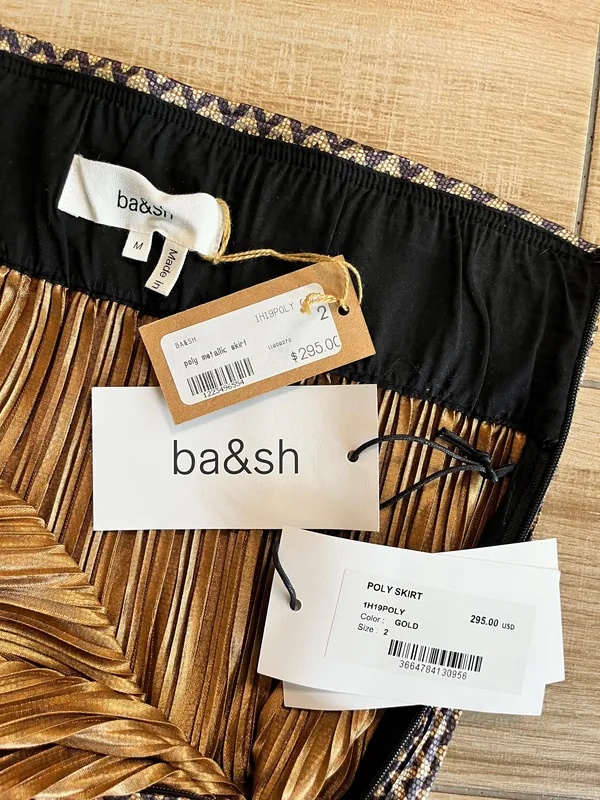 Womens NWT ba&sh Gold Shimmer Pleated Midi Skirt - 2/M - Image 6