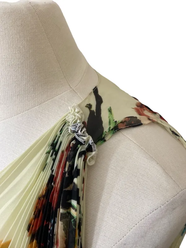 Roberto Cavalli Silk Cream Floral Pleated V-Neck Mini Swing Dress - Image 5