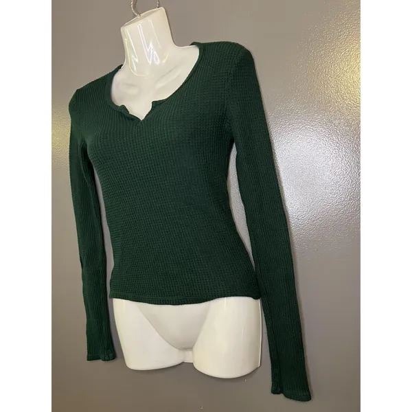 American Eagle Waffle Knit Shirt Womens Small Green Scoop Neck Long Sleeve Top - Image 3