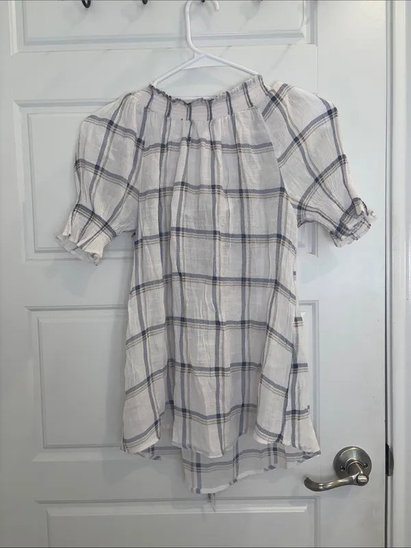 Mine Plaid Puff Sleeve Tie Front Babydoll Blouse M - Image 3