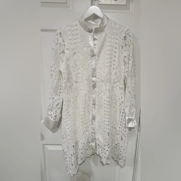 White Lace Coastal Beach Resort Long Sleeve Button Size Small Shirt Dress - Image 7