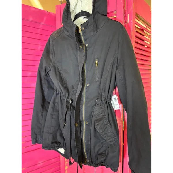 Charlotte Russe Ambiance Black Faux Shearling Lined Utility Parka Jacket Small - Image 2