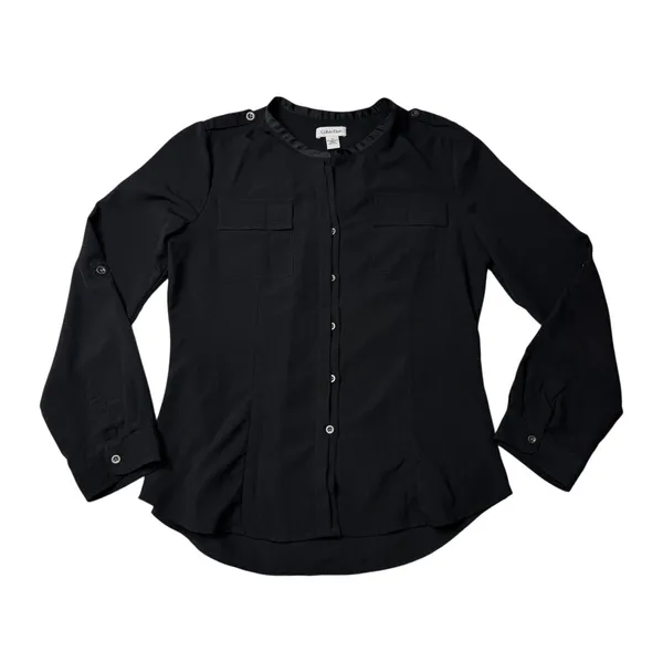Calvin Klein Black Crepe Button Down Blouse Medium Relaxed Fit Office Minimalist - Image 5