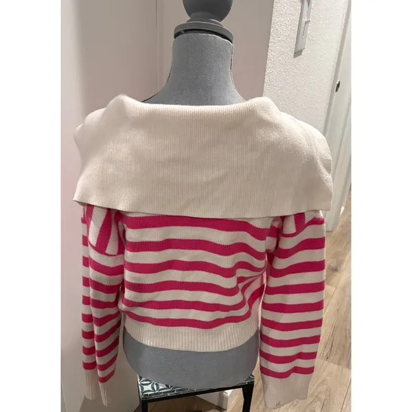 Sincerely Jules Pink White Striped Sailor Collar V-Neck Knit Sweater Med Preppy - Image 3