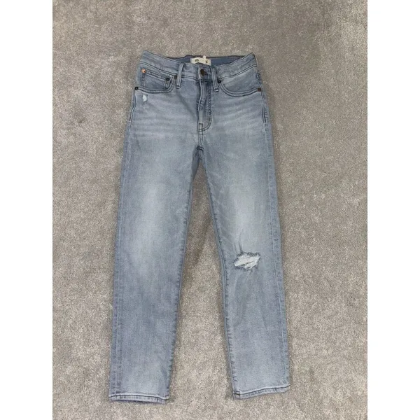 Madewell Mid Rise Classic Straight Jeans Light Blue Wash Knee Rip Edition Sz‎ 23 - Image 2
