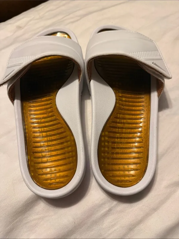 White Slide Sandals with Metallic Gold Insole - Women's - Image 2