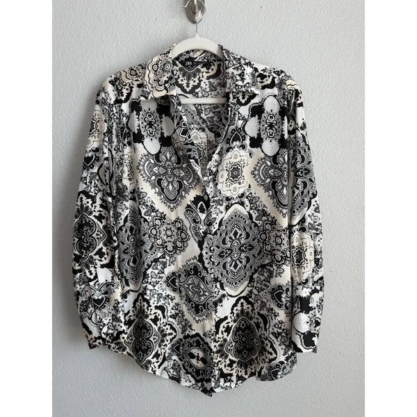 ZARA Satin Paisley Medallion Print Blouse Shirt Boho Chic Dark Academia Top Sz M - Image 9