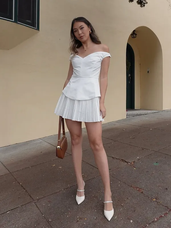 SHOWPO Izara Off The Shoulder Pleated Mini Dress In White - Image 7