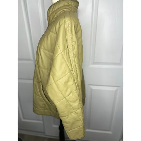 Free People Quilted Vegan Leather Jacket L Sage Green Puffer Funnel Neck Zip Up - Image 3