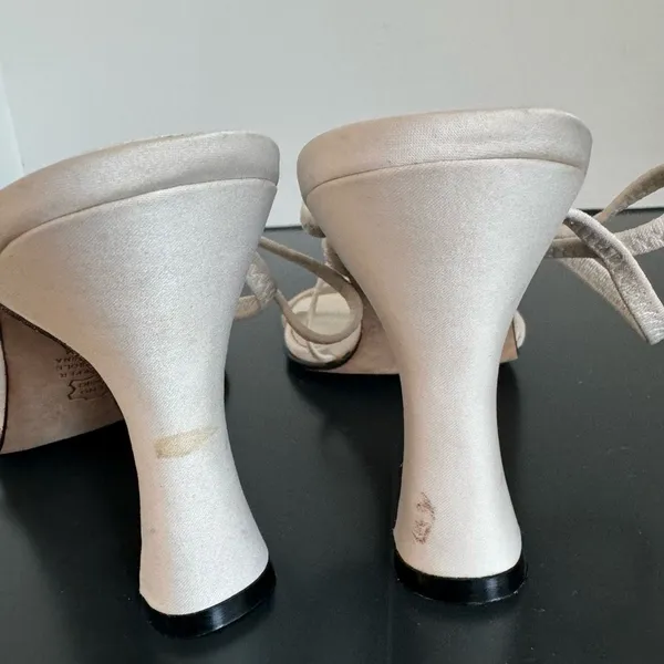 VTG Y2K Strappy BP Satin White Leather Kitten Heel Mule Square Toe Sandal Size 7 - Image 6