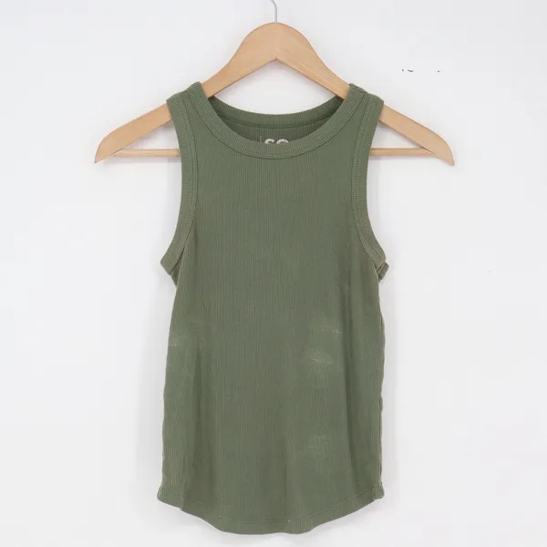 SO Tank Top Womens S Ribbed Olive Green Sleeveless Curved Hem Excellent - Image 2