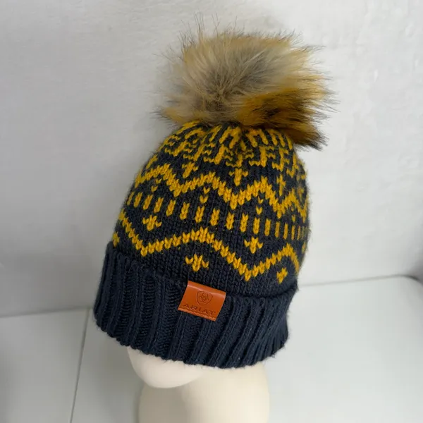 Ariat Beanie Fair Isle Fleece Lined Faux Fur Pom Knit Navy Yellow Warm Outdoor - Image 2