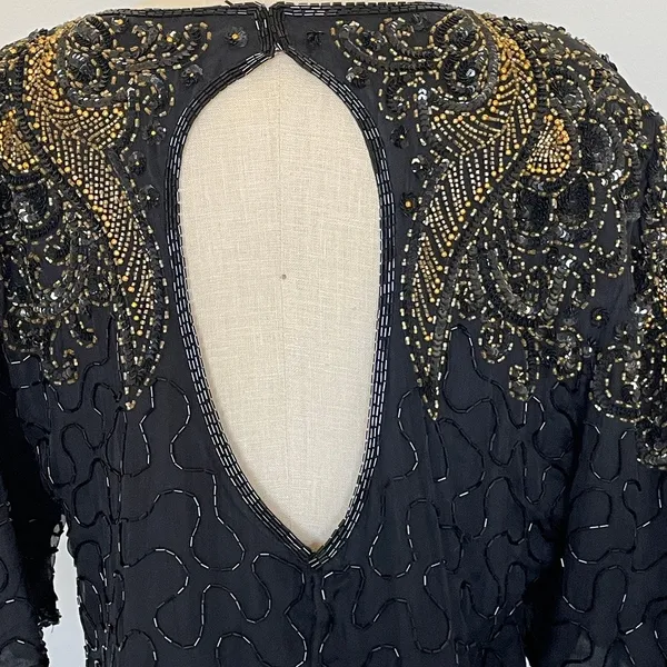 Vintage Black & Gold Silk Beadwork Cocktail Dress Open Back 80s Evening Party - Image 7