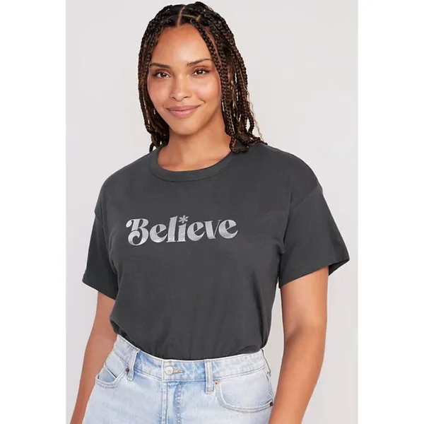 OLD NAVY Christmas Shirt Believe Holiday Tee Size Large Dark Gray Silver Graphic - Image 2