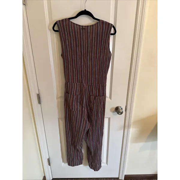 Pact Organic Cotton Cropped Jumpsuit Romper Women's Med Brown Striped Boho Fall - Image 3
