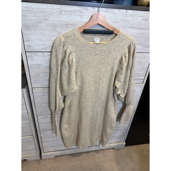 A New Day Women Oatmeal Beige Puff Sleeve Knit Sweater Dress Size M - Image 4