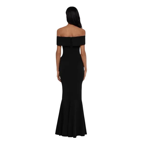 Betsy & Adam BLACK OFF THE SHOULDER Crepe RUFFLE Mermaid GOWN Size 2 Petite - Image 3