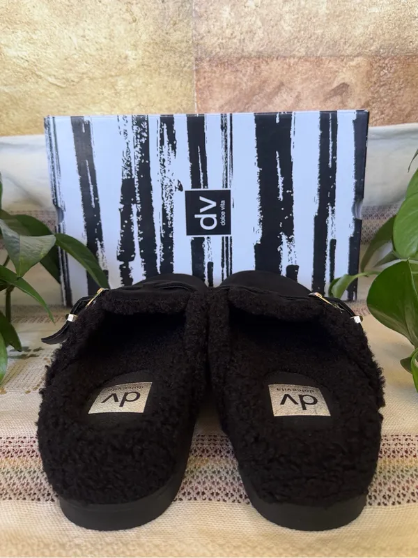 NEW DV Dolce Vita Faux Suede Clog Mule Gold Buckle Black Slide Slippers, Size 9 - Image 5