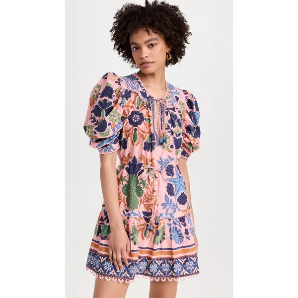 Farm Rio Mini Dress Pink Embroidered Sea Creatures Puff Sleeve - Image 2