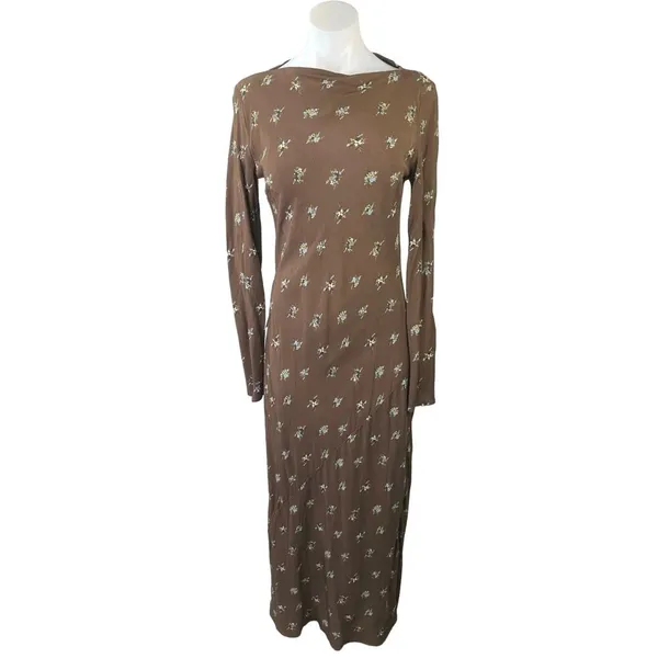 NEW Topshop Brown Ditsy Floral Print Satin Slip Long Sleeve Slim Maxi Dress Sz 2 - Image 5
