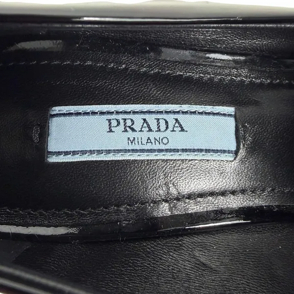 Prada Patent Square Front Enamel Logo Loafer Pump Black Size 37.5 - Image 11