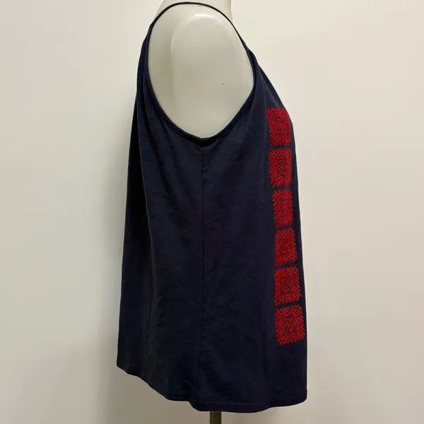 Solitaire Tank Top Large Navy Blue Red Embroidered Tassel Keyhole Boho Folk - Image 4