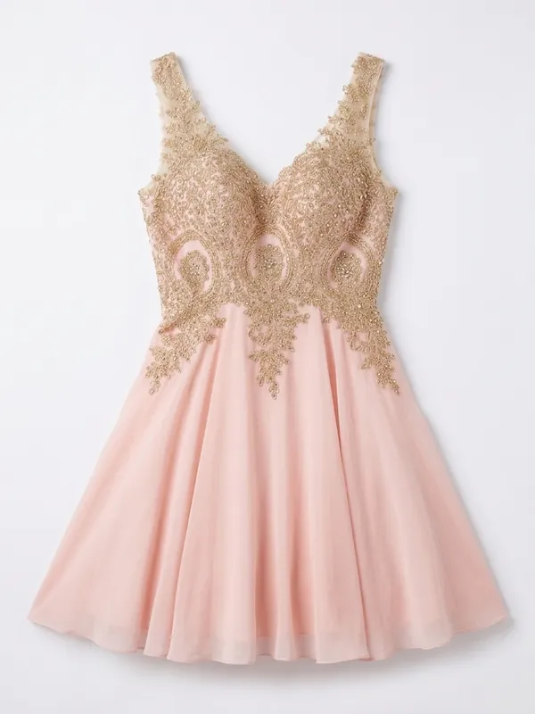May Queen Couture Pink Chiffon Homecoming Dress with Gold Beaded Bodice Size 10 - Image 2