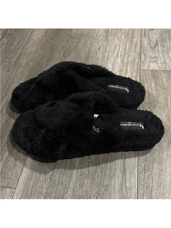  Black Plush Crisscross Slide Slippers - Image 4