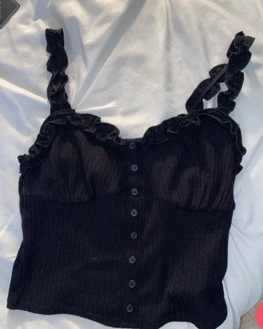 Black Button Frill Tank Top - Image 2