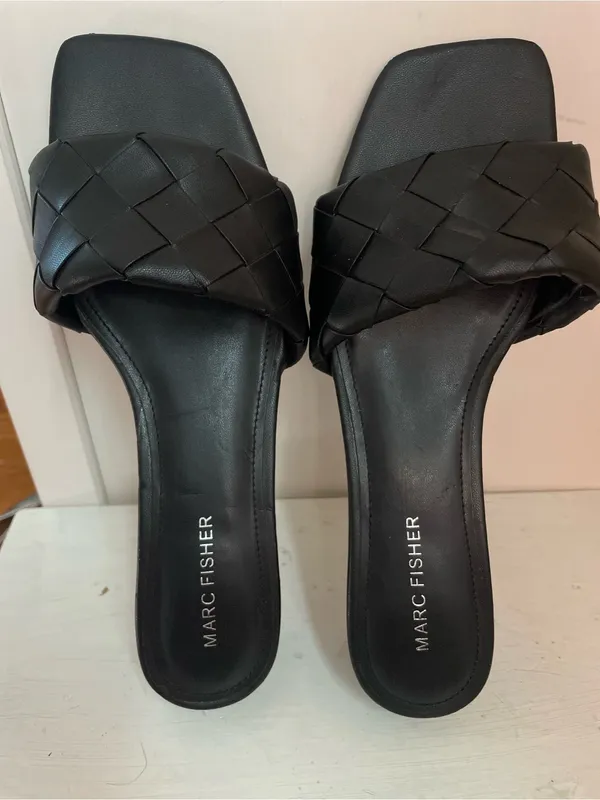 Marc Fisher Black Woven Slide Mules with Low Block Heel - Image 2