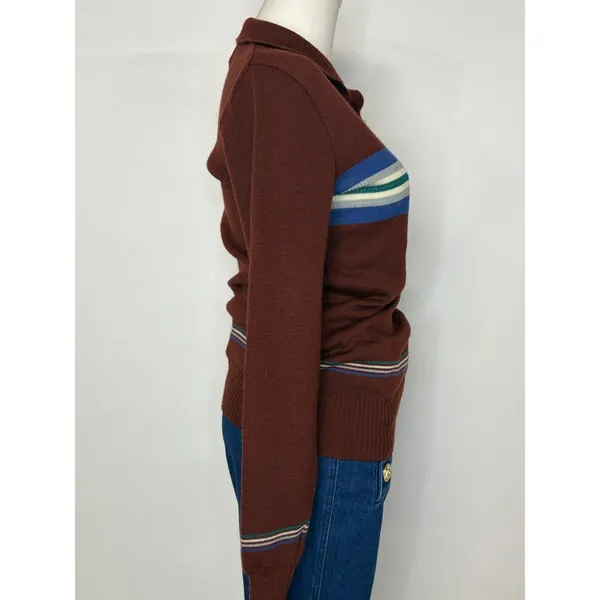 Vintage Falcon Court Burgundy Striped Knit Polo Sweater Brown Blue Green M - Image 3