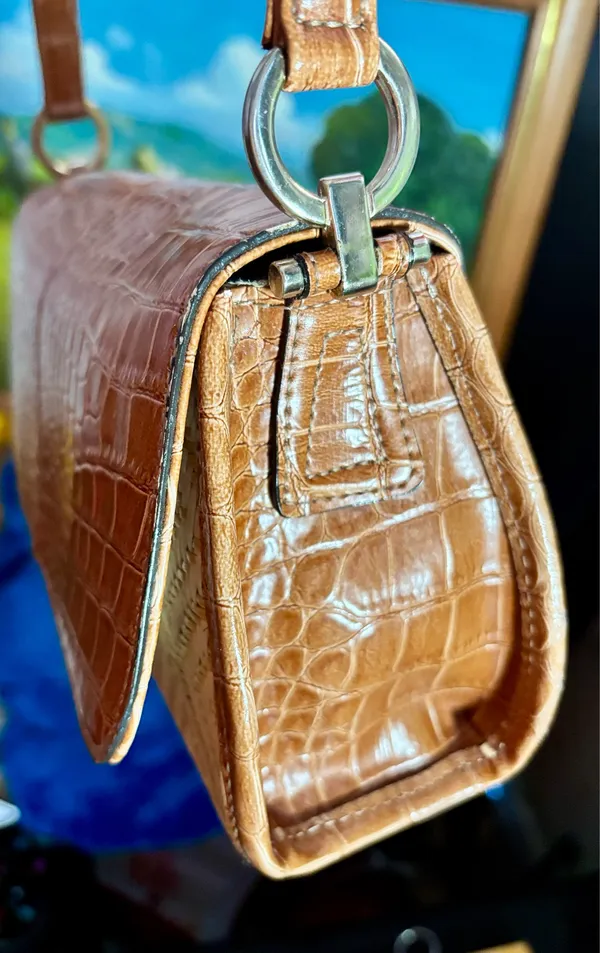 Liz Claiborne VTG 90s Boho Croc Embossed Synthetic Leather & Woven Straw Shoulder Bag - Image 10